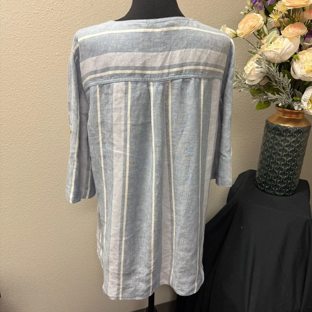 Ellen Tracy Linen Striped Tunic Top L Blue White Zip Front 3/4 Sleeve Summer - Picture 4 of 10